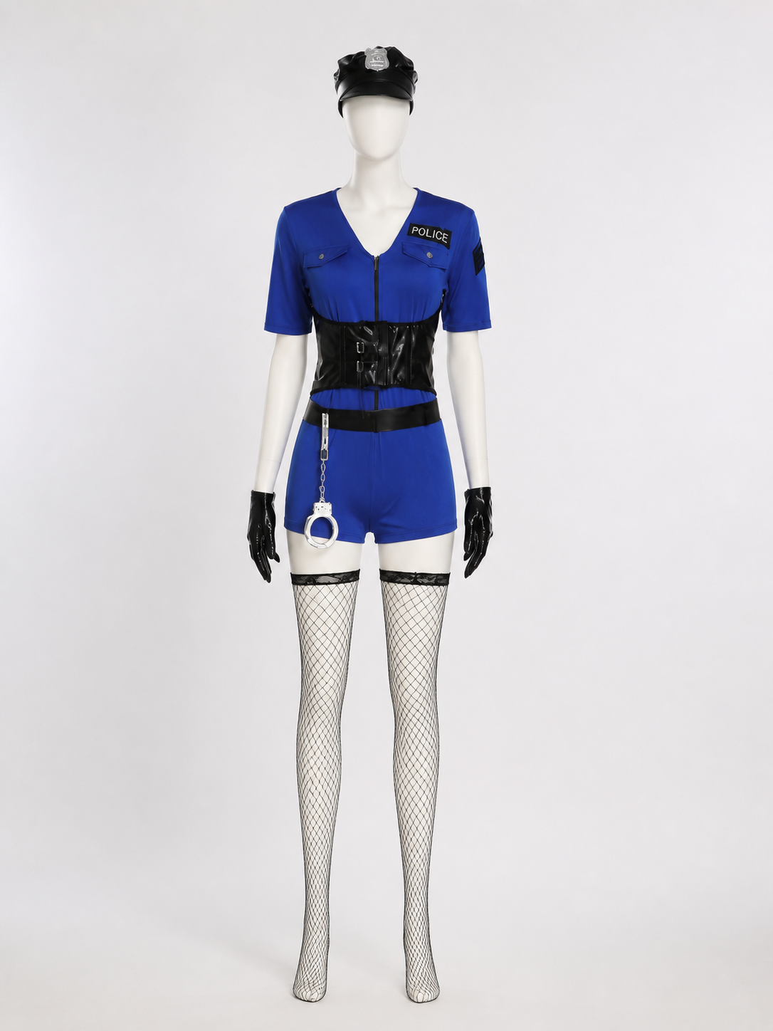 Women's Blue Police Officer Costume Set with Hat, Gloves, Handcuffs, and back view