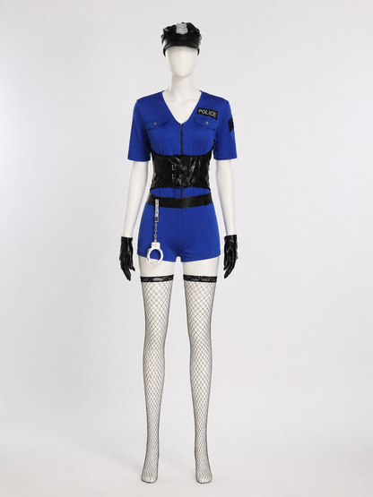 Women's Blue Police Officer Costume Set with Hat, Gloves, Handcuffs, and back view