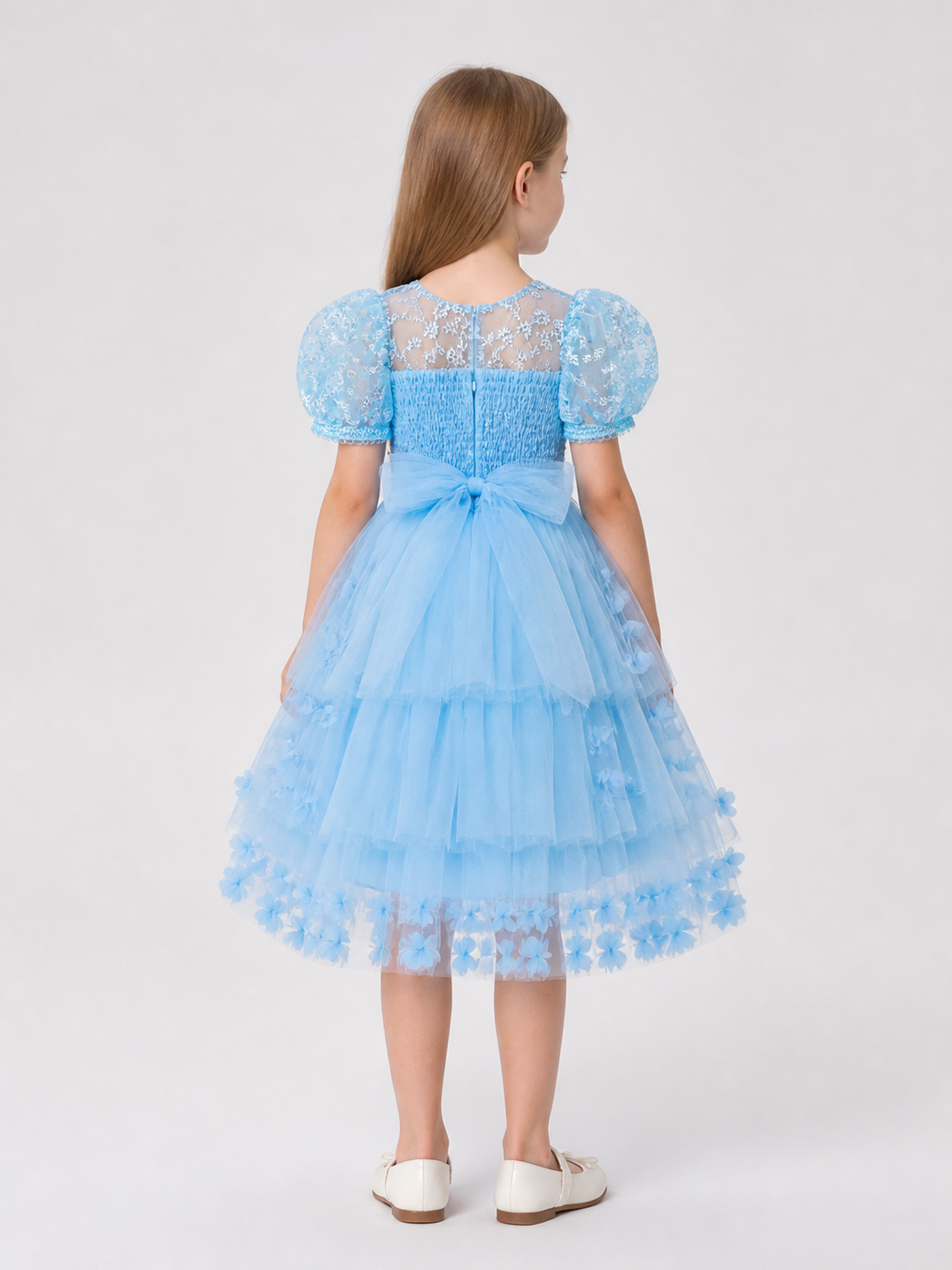 Girls' Dressy Party Dress with a Full Skirt and Flowers back view