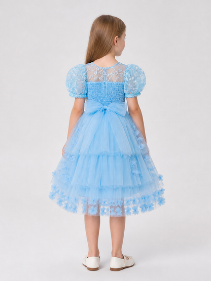 Girls' Dressy Party Dress with a Full Skirt and Flowers back view