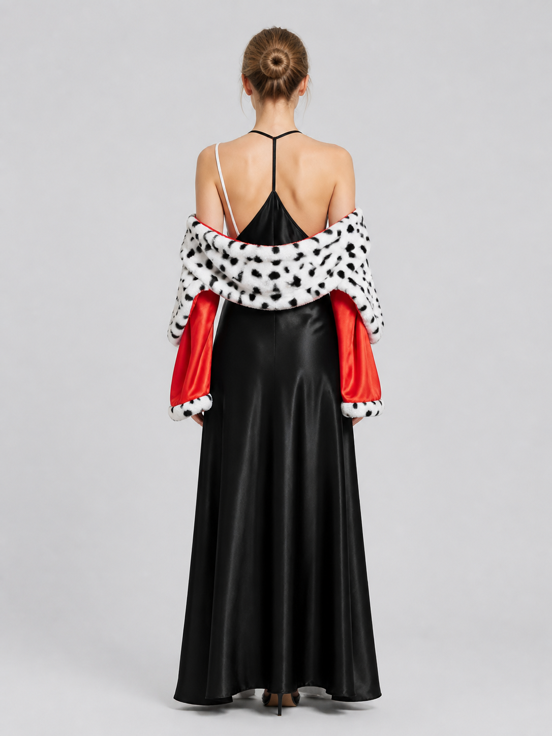 Cruella Cosplay Costume: Dress and Spotted Cape back view