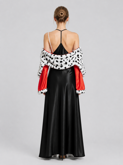 Cruella Cosplay Costume: Dress and Spotted Cape back view