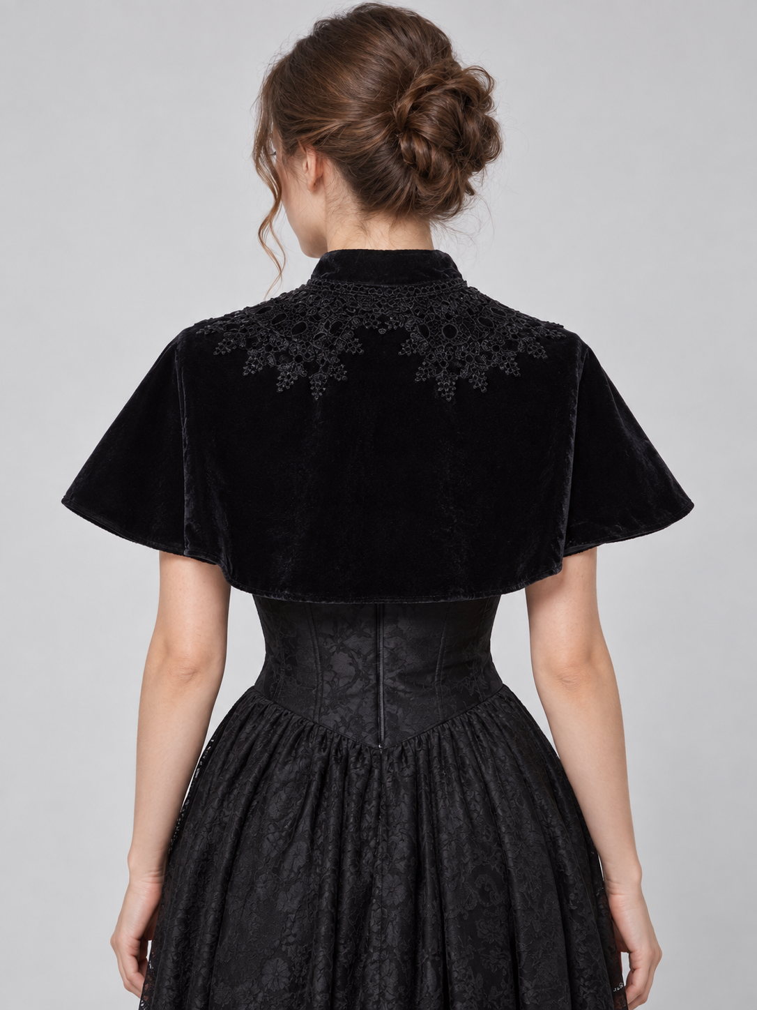 Black Velvet Short Capelet with Lace and Ties