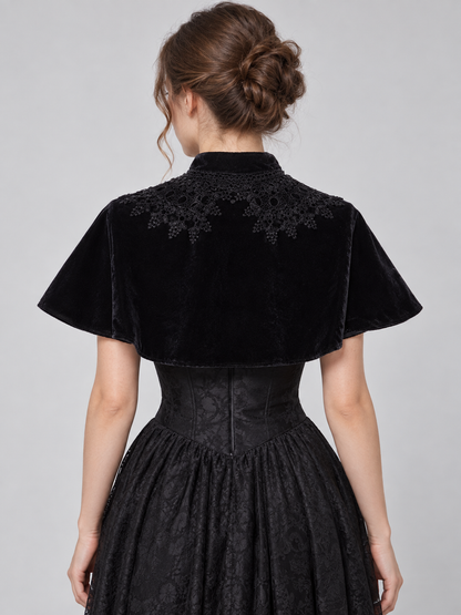 Black Velvet Short Capelet with Lace and Ties