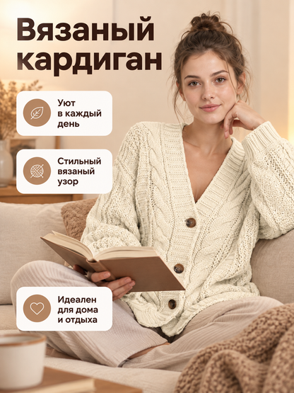 Cream Knit Cardigan with Cable Pattern and Buttons