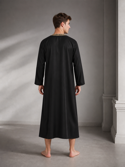 Long Black Abaya with Gold Collar Trim back view