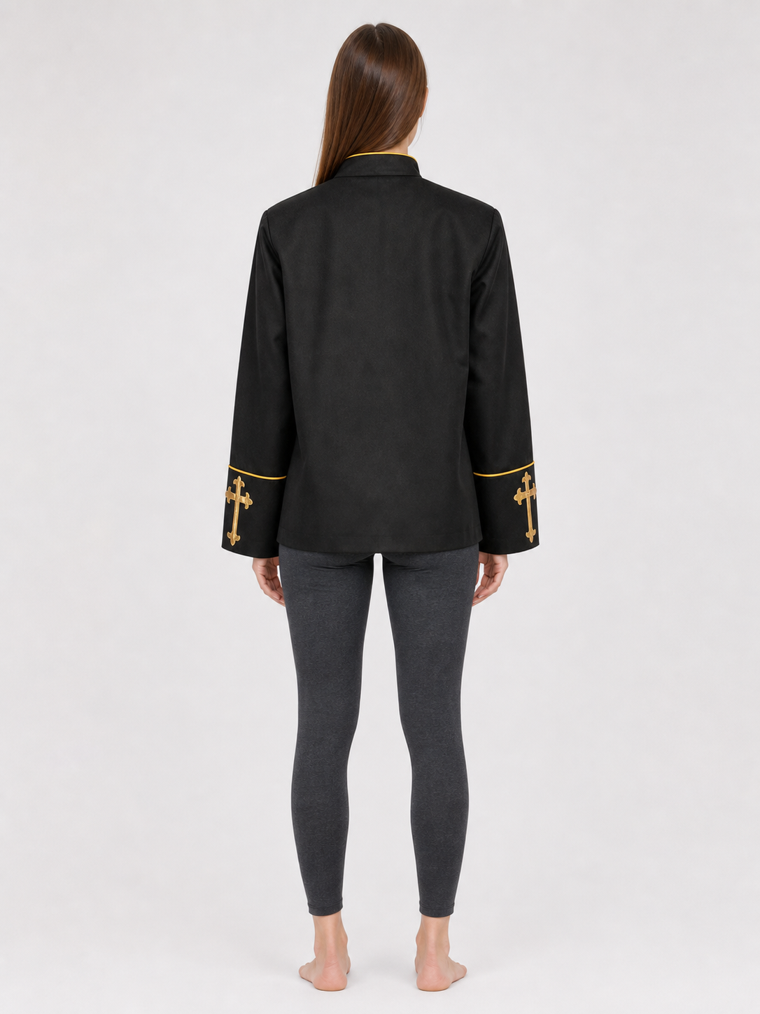 Black stand-collar jacket with gold trim