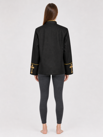 Black stand-collar jacket with gold trim