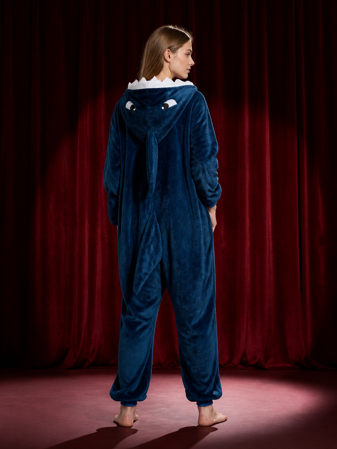 Navy Blue Shark Hooded Jumpsuit Costume, Long-Sleeve One-Piece Animal Outfit back view
