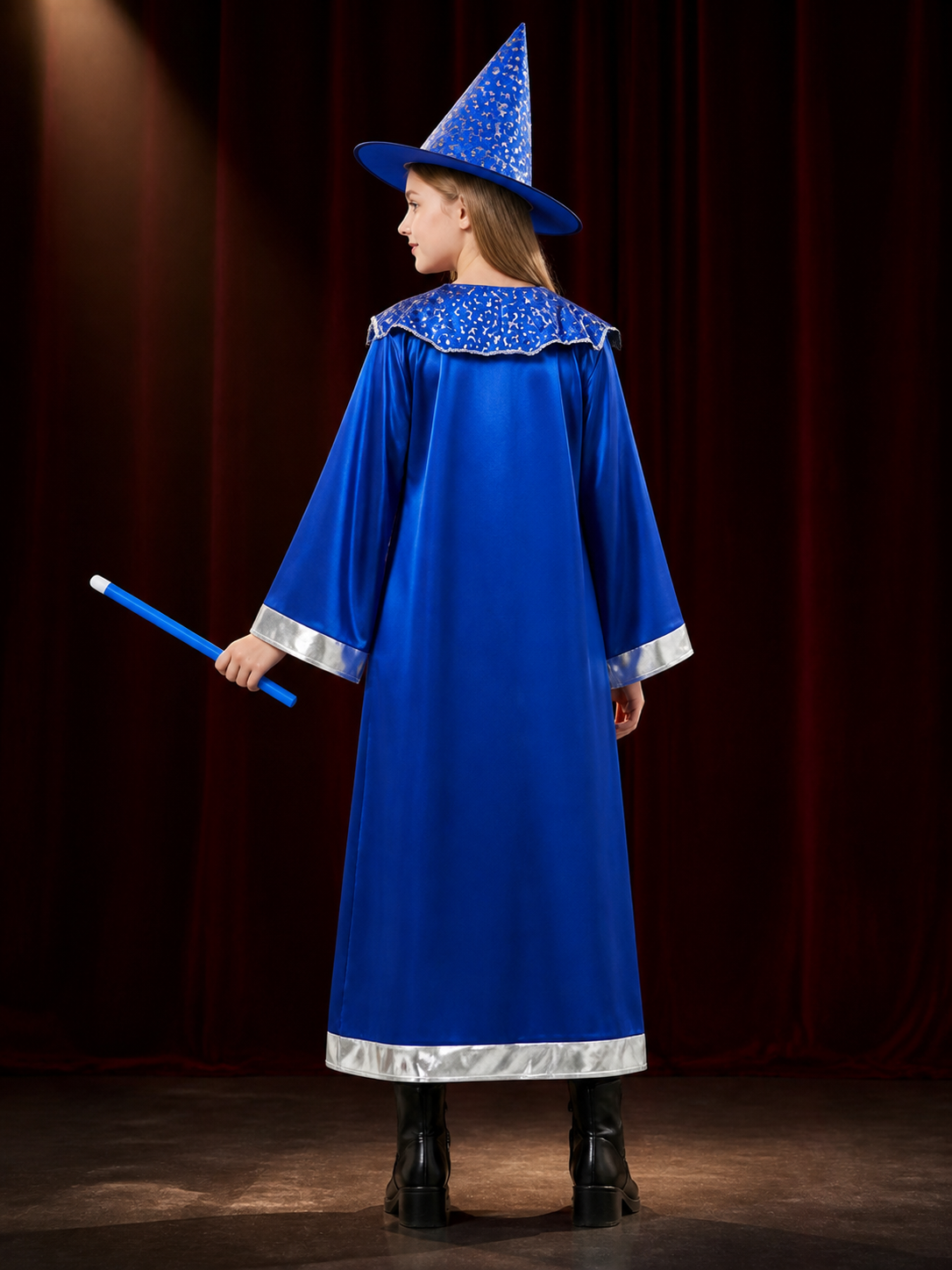 Wizard Costume Set with Blue Cape and Pointed Hat, Star and Moon Silver Trim for back view