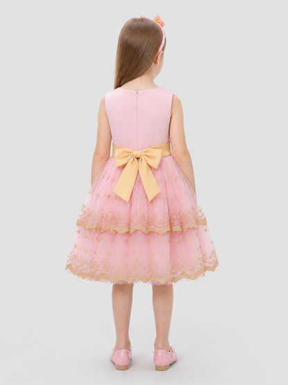 Girls' Princess Party Dress with Bow and Embroidery back view