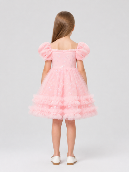 Pink Girls’ Princess Dress with Puff Sleeves