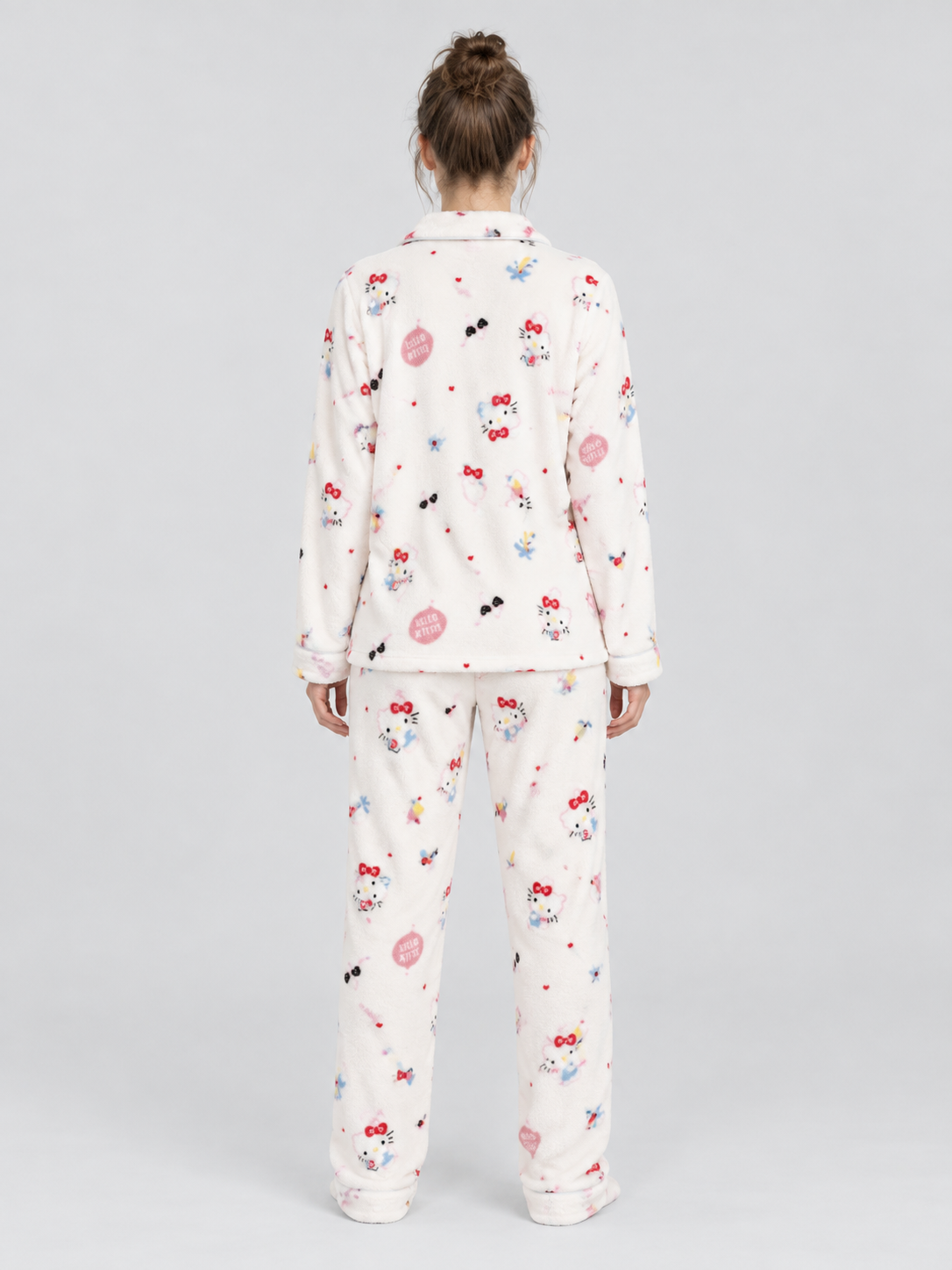 Flannel Pajamas with Cartoon Print, Cream White