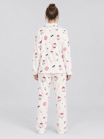 Flannel Pajamas with Cartoon Print, Cream White