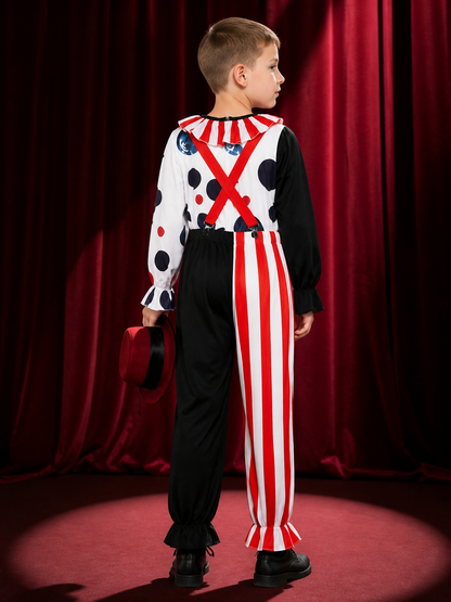 Men's Clown Costume Set, Asymmetric Striped Pants & Vest, Bow Tie, Hat back view