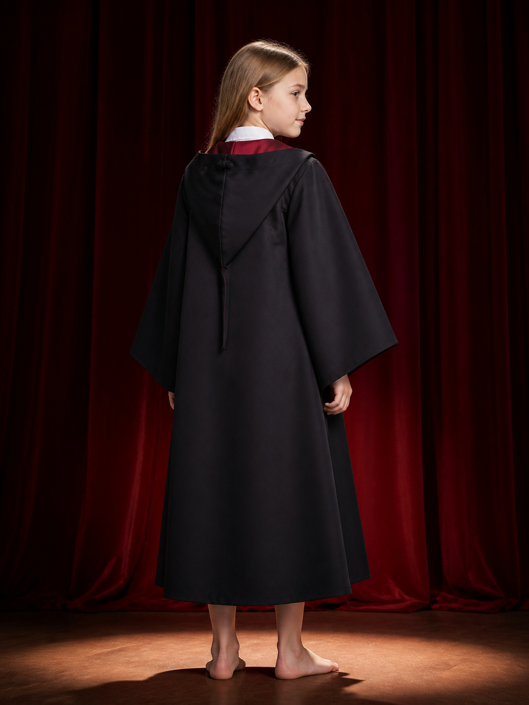 Girls Magic Academy Wizard Robe Costume, Black Hooded Cloak with Red Gold Tie back view