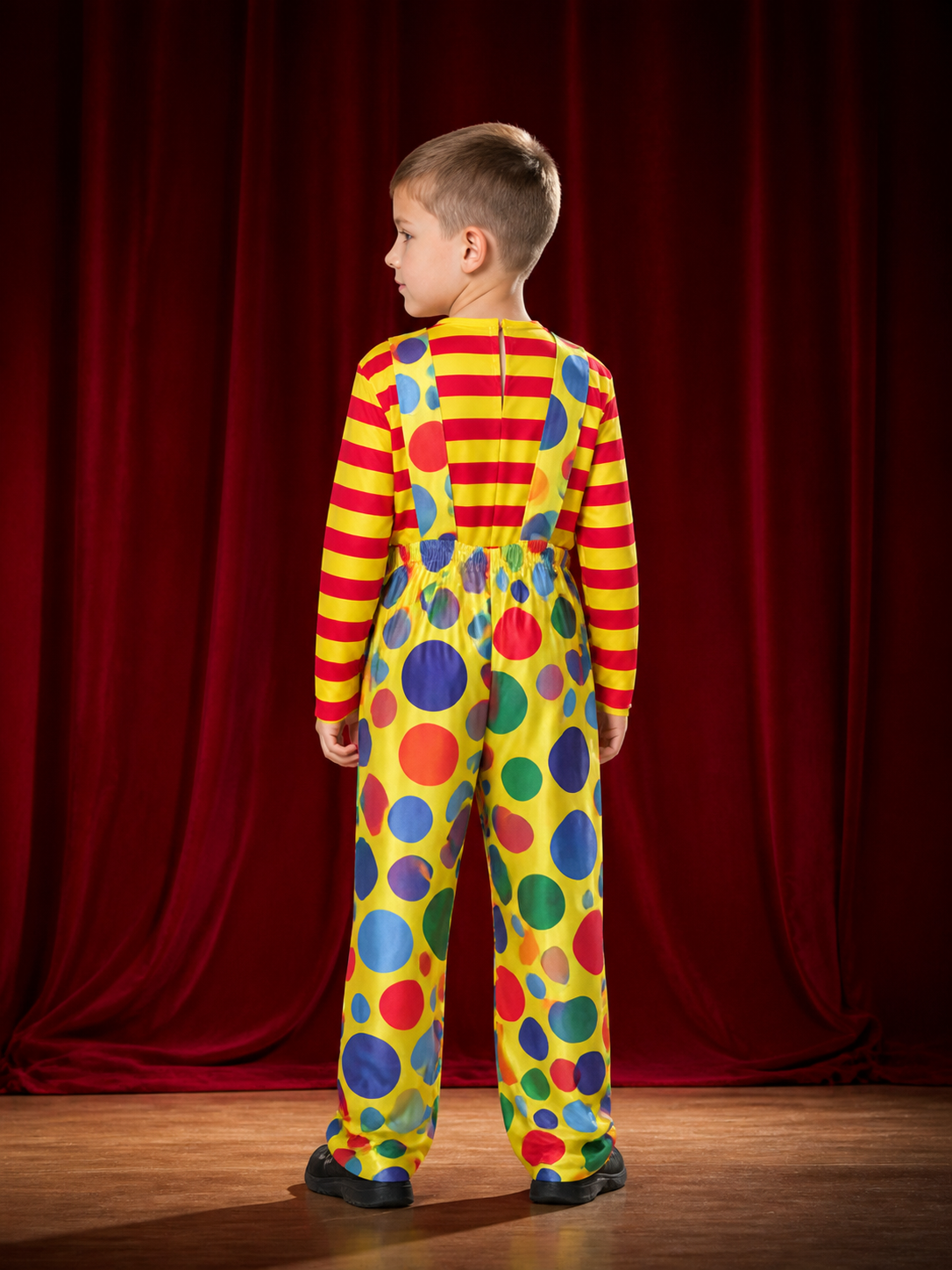 Children's Colorful Clown Costume Set, Striped Shirt, Polka Dot Suspenders and back view