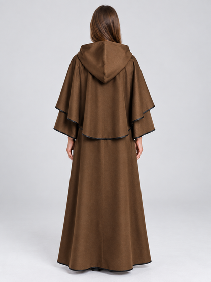 Long Brown Cloak with Hood and Layered Cape