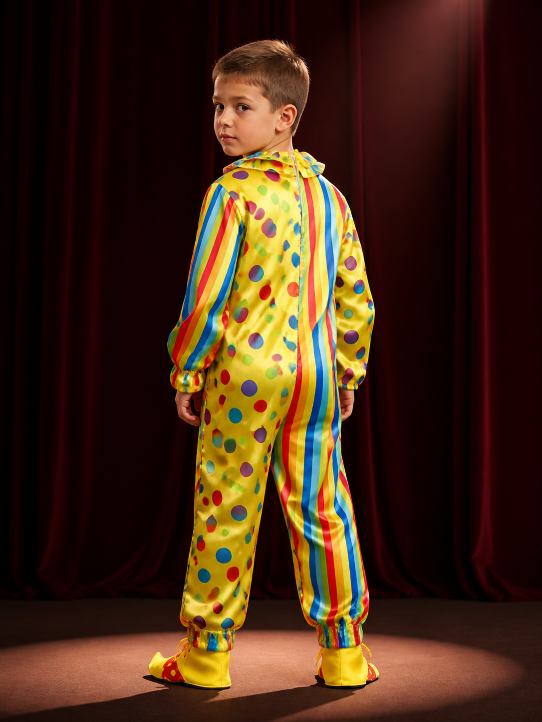 Kids' Colorful Clown Jumpsuit Costume, Striped Polka Dot Long-Sleeve Outfit back view