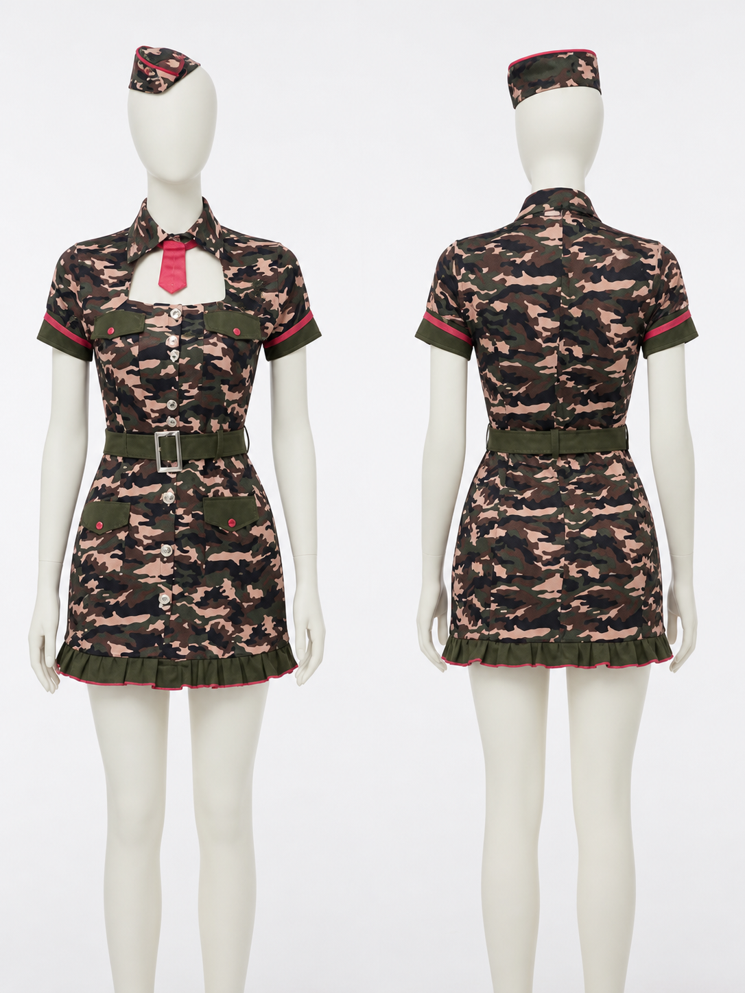 Women's Police Camouflage Short Sleeve Dress Costume Set with Hat, Tie & Belt back view