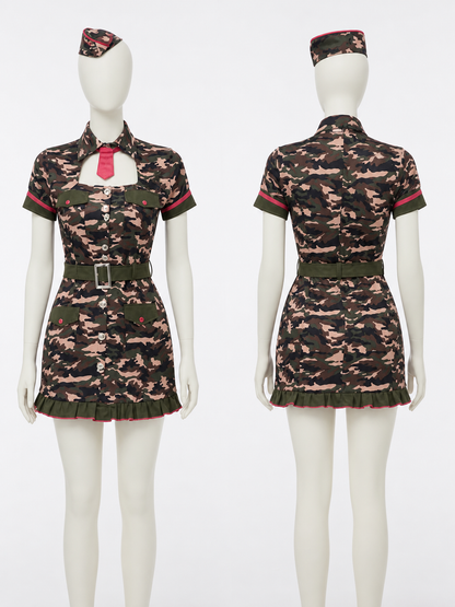 Women's Police Camouflage Short Sleeve Dress Costume Set with Hat, Tie & Belt back view