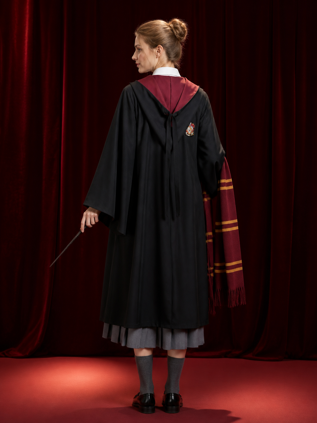 Kids Wizard Costume Set, Hooded Robe, Shirt, Pleated Skirt, Vest, Tie, Scarf and back view