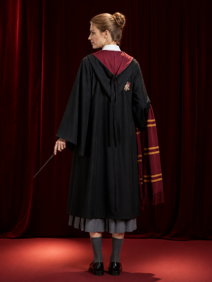 Kids Wizard Costume Set, Hooded Robe, Shirt, Pleated Skirt, Vest, Tie, Scarf and back view