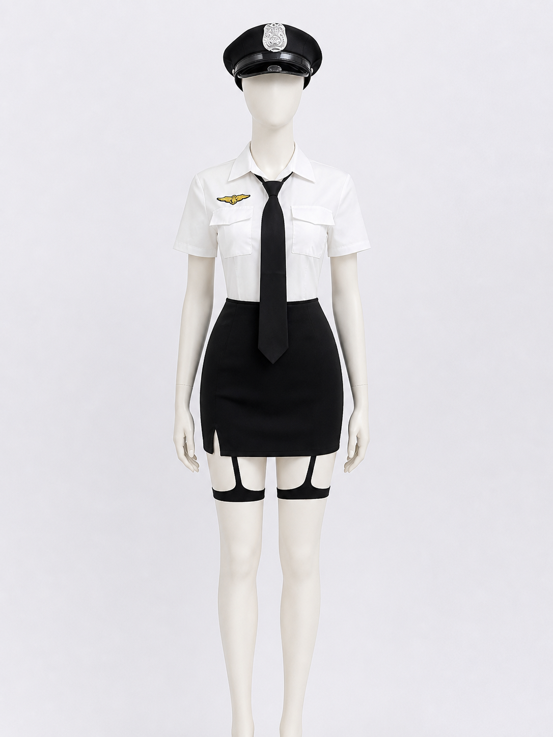 Women's Sexy Police Officer Costume Set, White & Black Uniform with Hat and back view