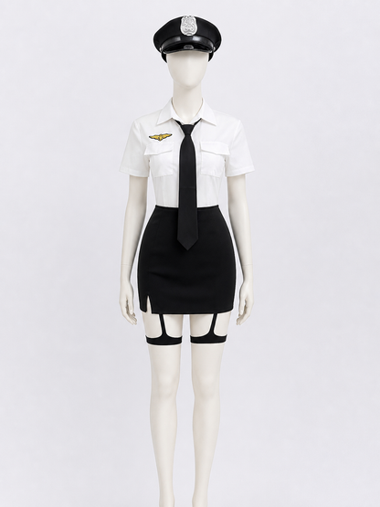 Women's Sexy Police Officer Costume Set, White & Black Uniform with Hat and back view