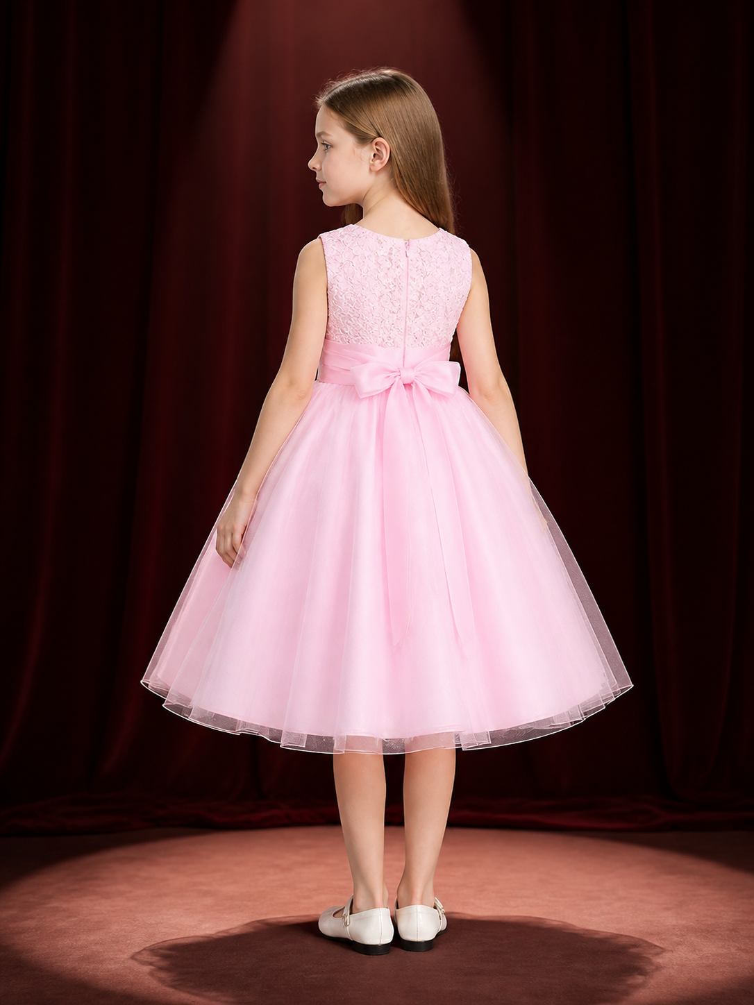 Girls' Pink Princess Dress, Sleeveless Layered Tulle Formal Dress back view