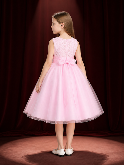Girls' Pink Princess Dress, Sleeveless Layered Tulle Formal Dress back view