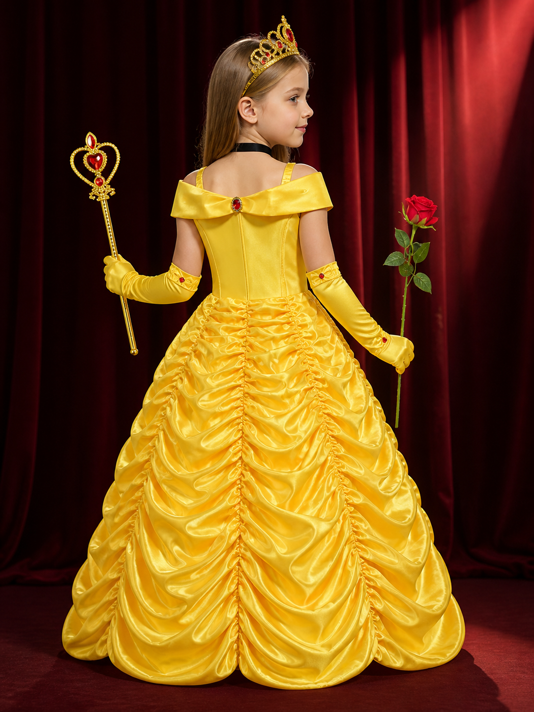 Kids Belle Princess Costume Dress Set With Crown, Gloves, Wand and Rose back view