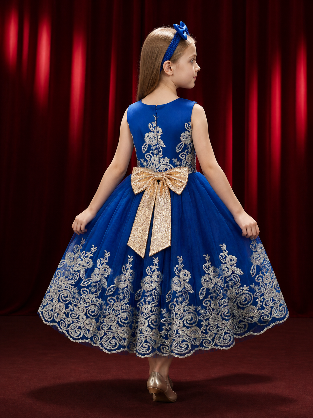 Girls' Blue Princess Dress and Bow Headband Set with Gold Floral Embroidery back view