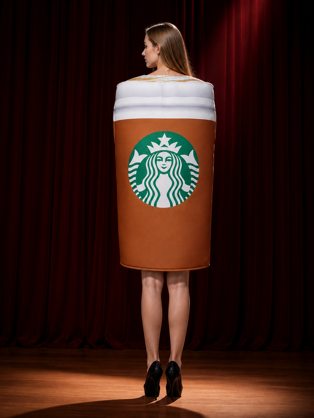 Funny Coffee Cup Drink Costume Jumpsuit, Brown, White & Green Cosplay Outfit back view