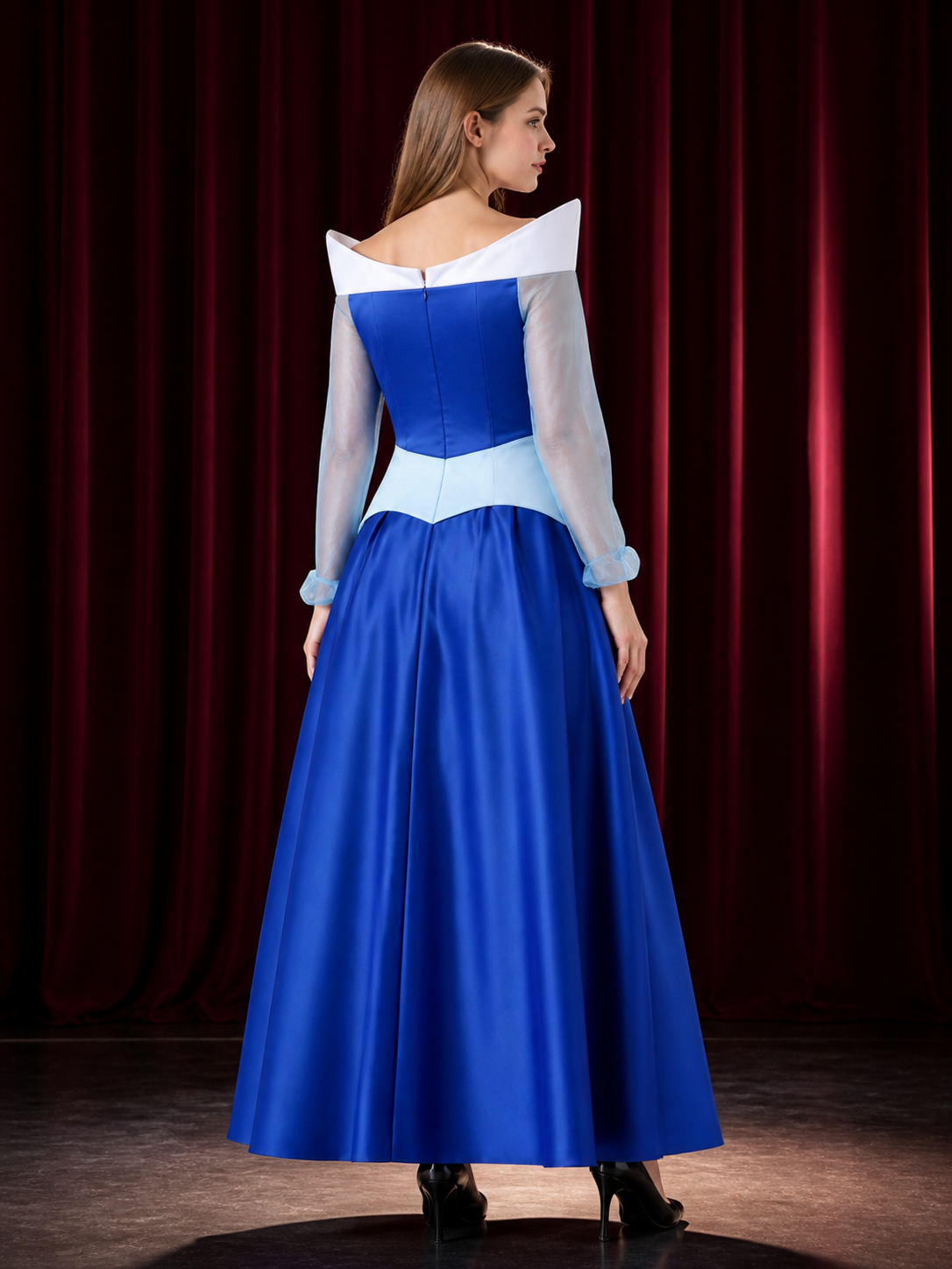 Women's Sleeping Beauty Princess Costume Dress - Blue & White, Long Sleeve, Full back view