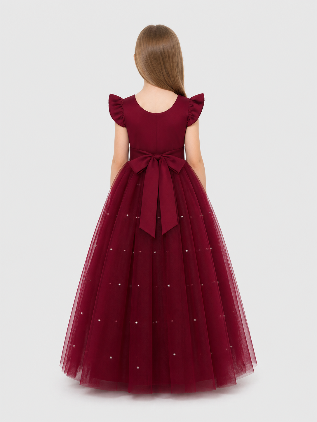 Burgundy Princess Dress with Bow and Full Skirt