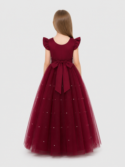 Burgundy Princess Dress with Bow and Full Skirt