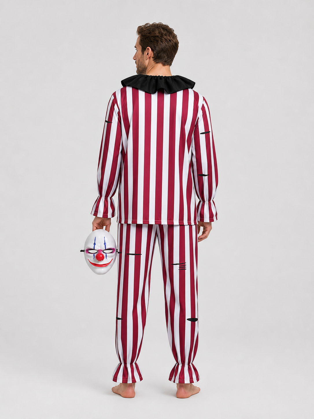Scary Clown Costume with Mask, Red and White Stripes back view