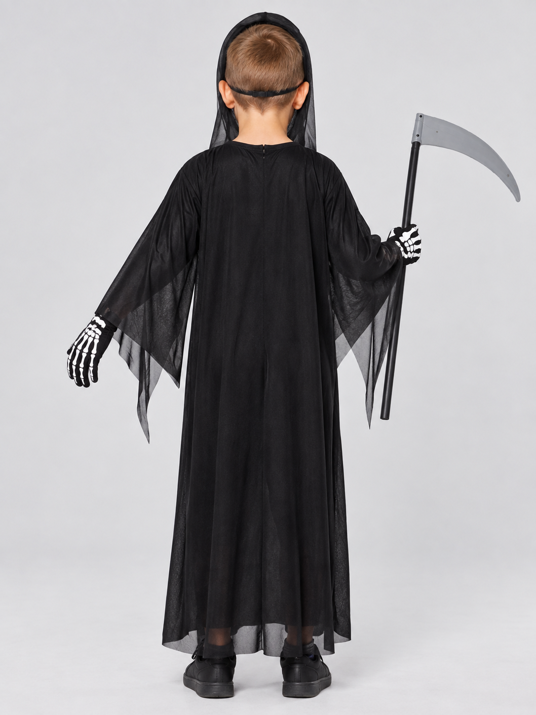 Skeleton costume with robe, mask, and gloves