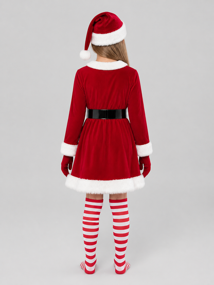 Santa Claus Costume, Dress with Belt, Hat, and Gloves back view