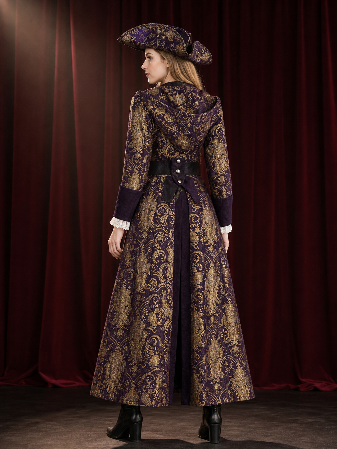 Adult Pirate Costume Set, Dark Purple And Gold Long Coat With Tricorn Hat, Waist back view