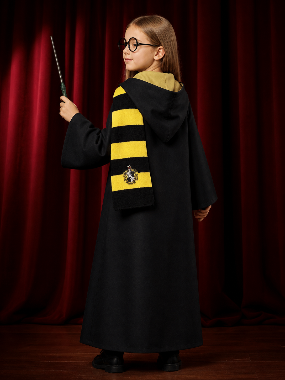Wizard Costume Set, Black And Yellow Robe With Scarf, Tie, Wand And Glasses back view