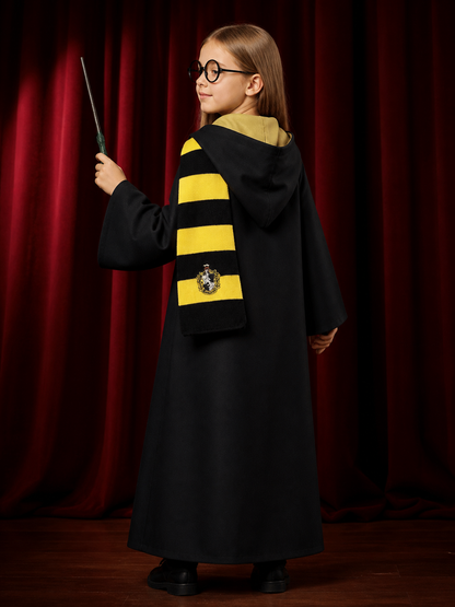 Wizard Costume Set, Black And Yellow Robe With Scarf, Tie, Wand And Glasses back view