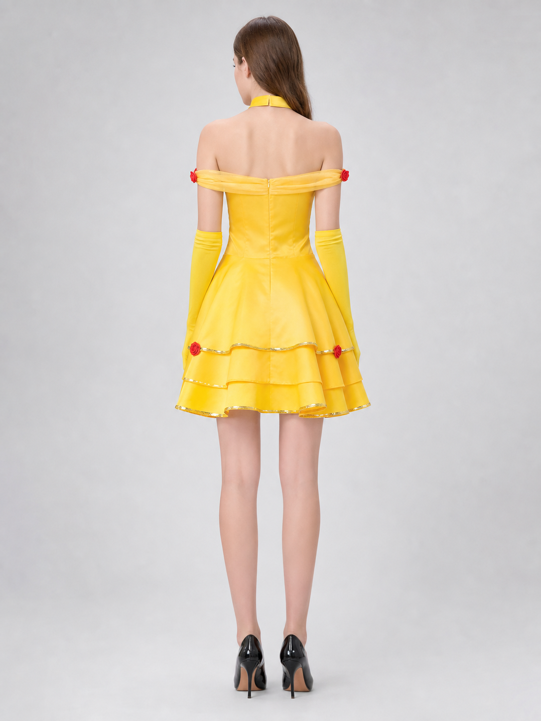 Belle Stage Dress with Roses and Gold Trim back view
