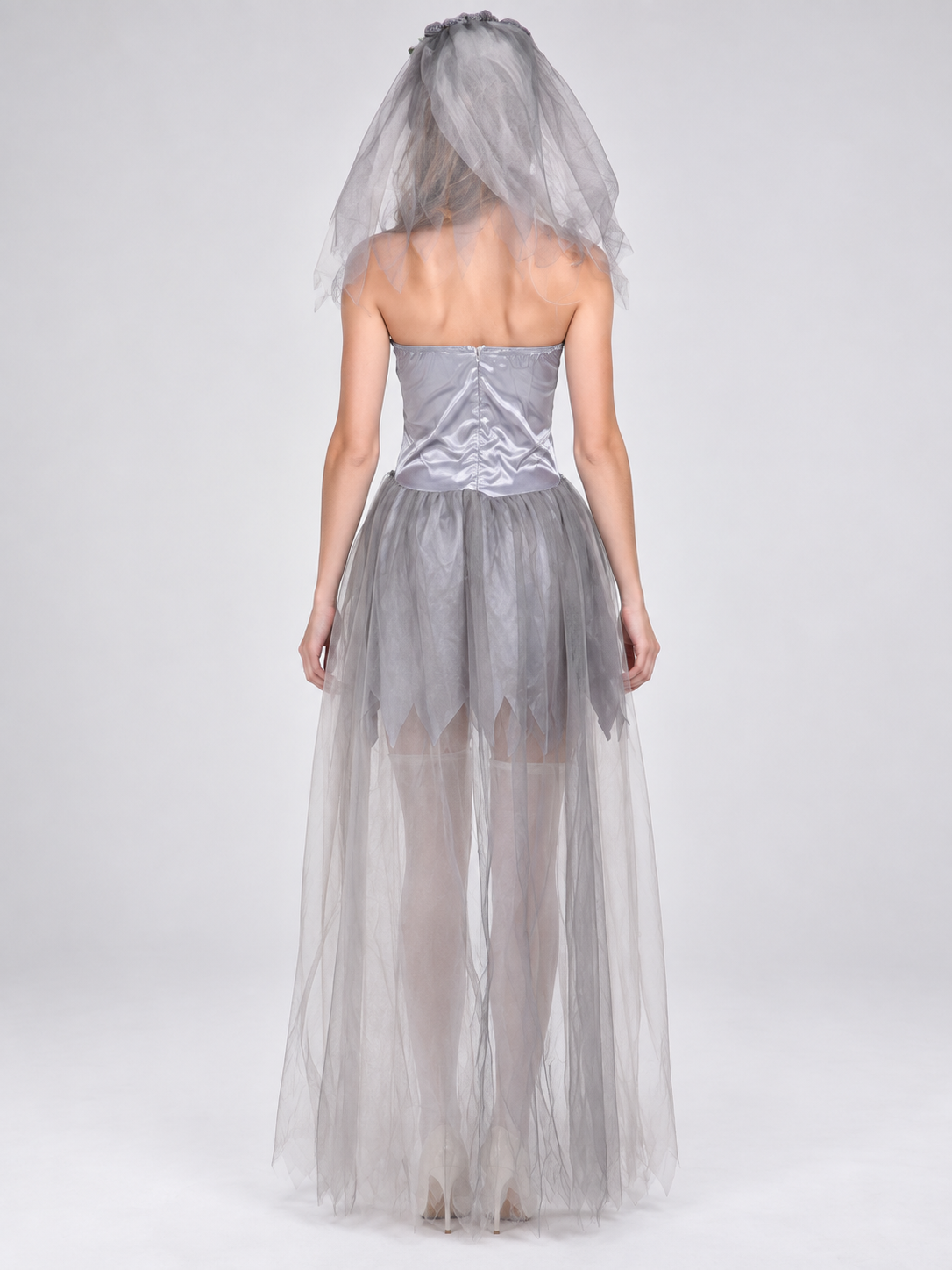 Ghost Bride Carnival Costume with Veil, Silver