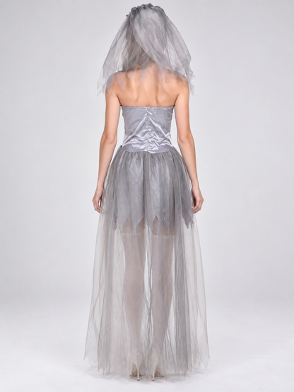 Ghost Bride Carnival Costume with Veil, Silver