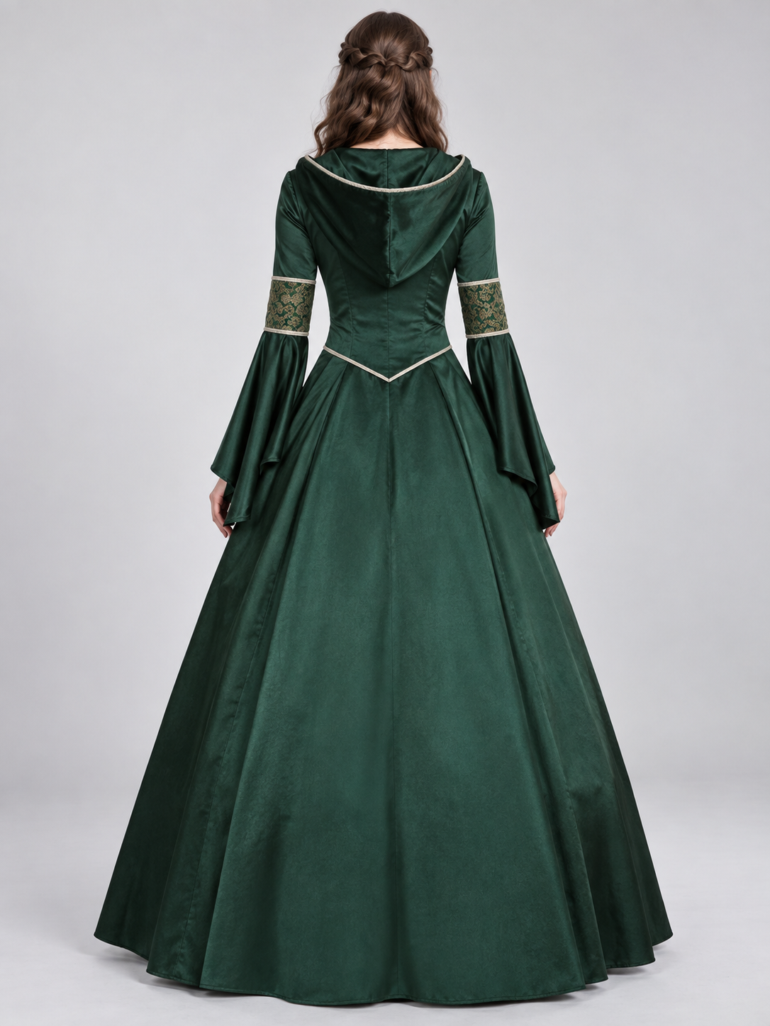 Green Gothic-Style Dress with Hood and Lacing