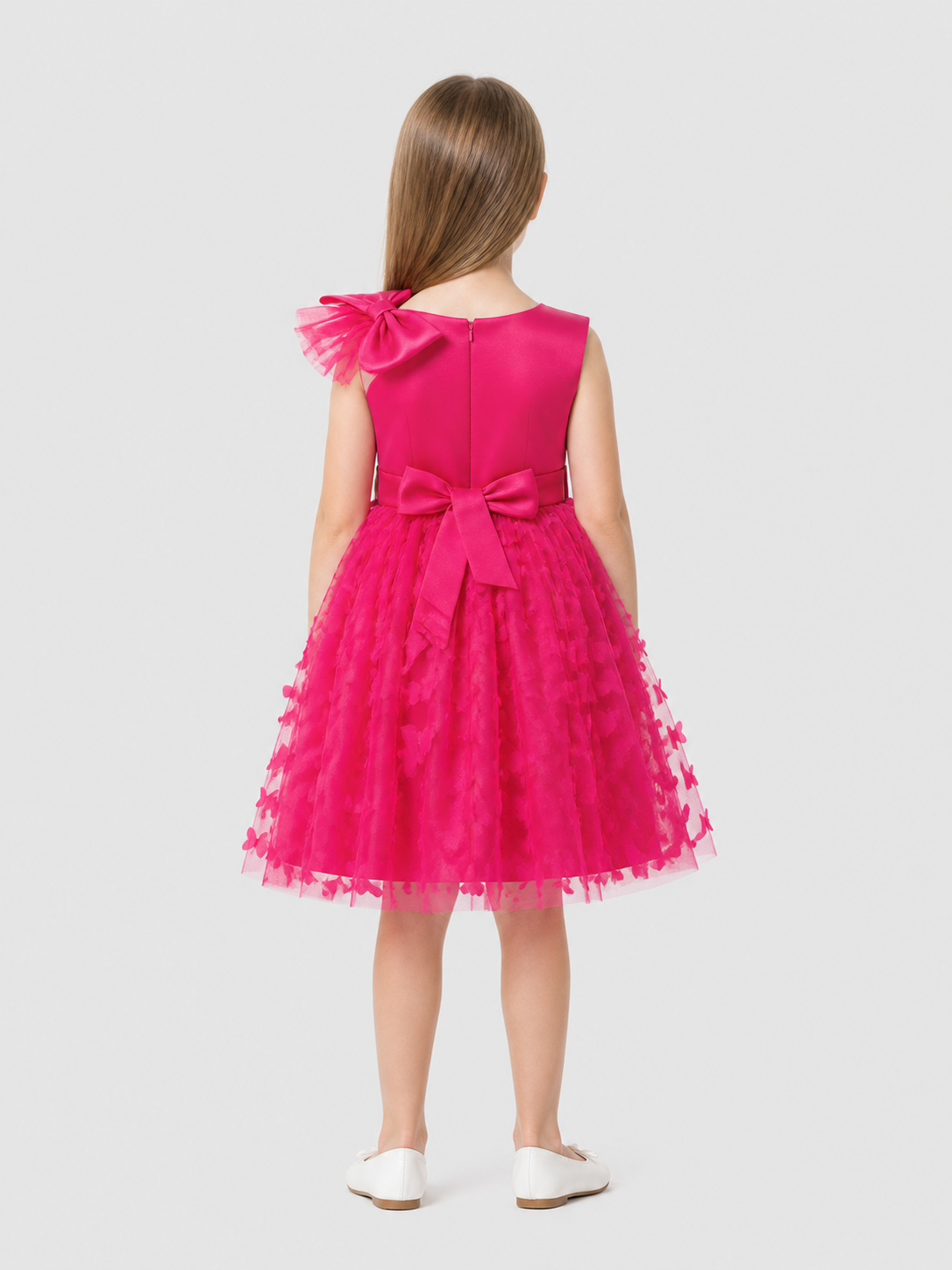 Full Pink Tulle Dress with Oversized Bows back view