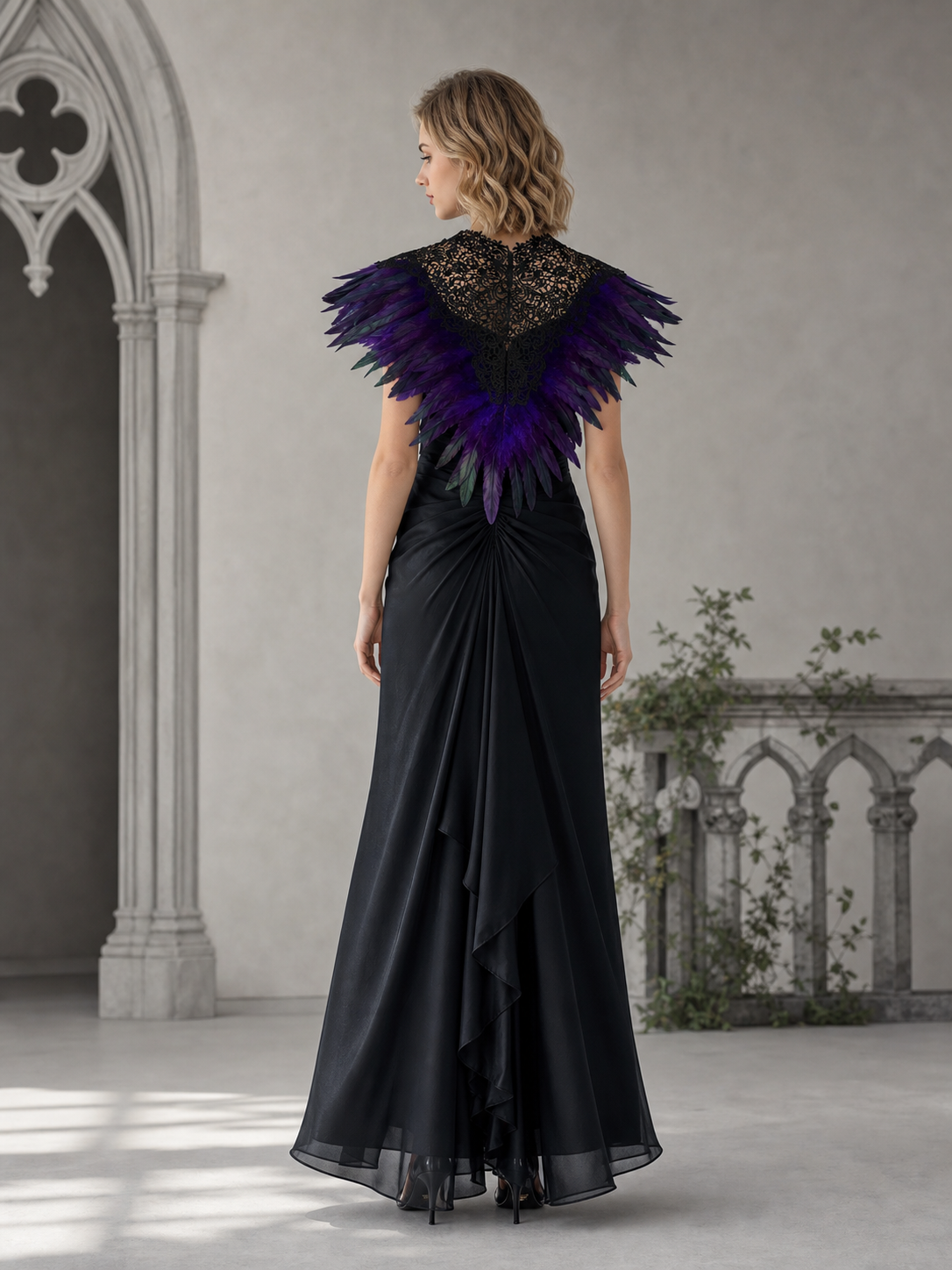 Black Lace Capelet with Purple Layered Feather Trim and Draped Floral Lace for Stage Performance Cosplay Role Play Costume Accessory