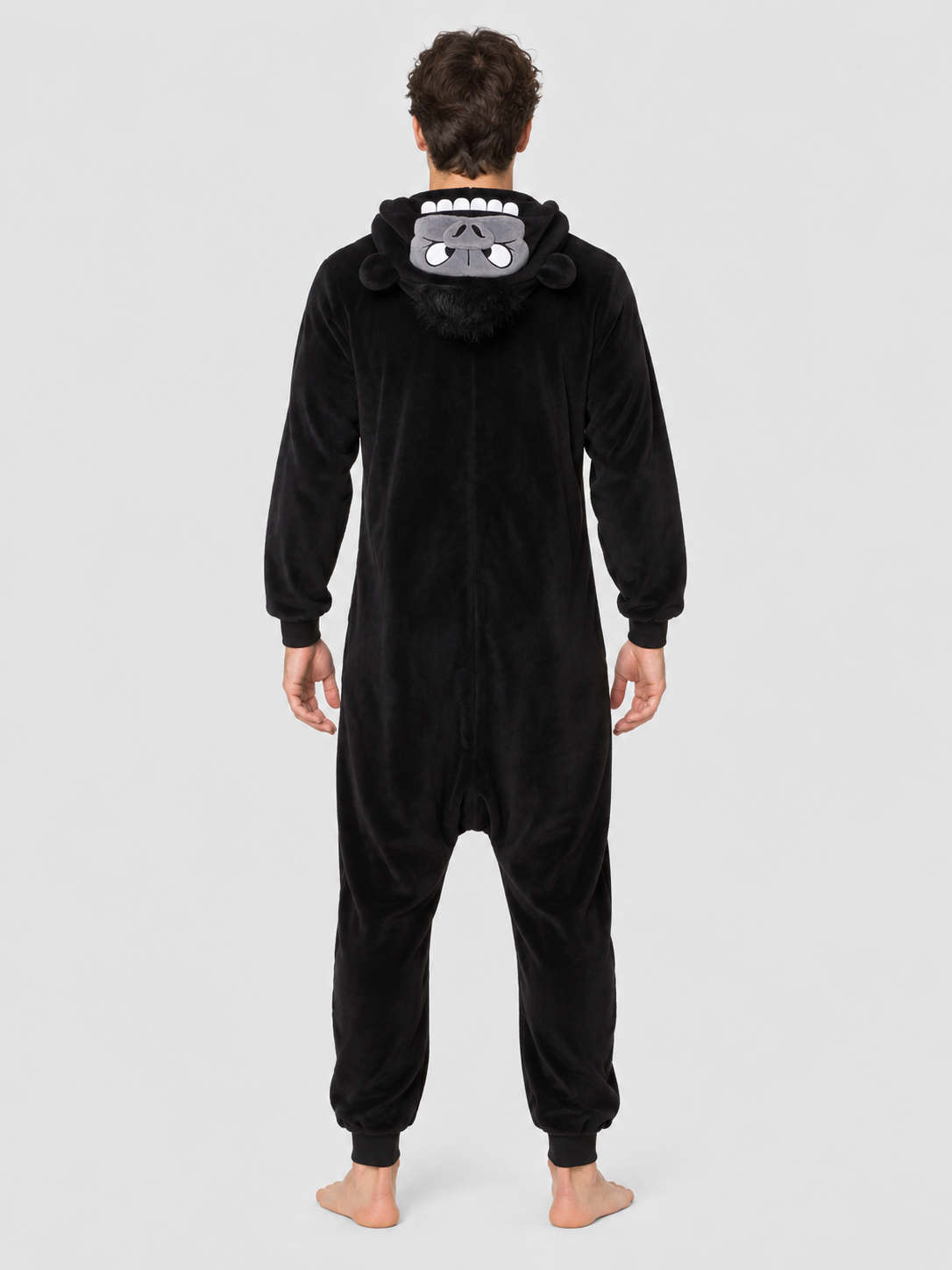 Black and gray hooded kigurumi jumpsuit with a face design